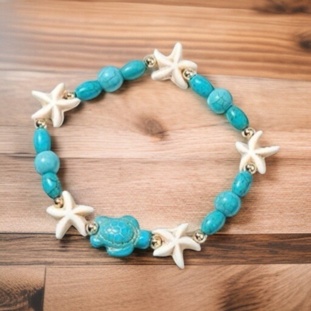 NWT Coastal Starfish & Sea Turtle Synthetic Turquoise Beaded Stretch Bra…